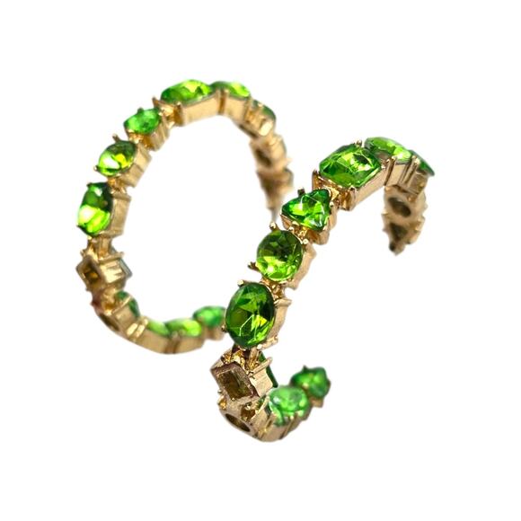 Pierced Earrings Hoop Green Rhinestones Inside Out Gold Tone Drop SKU 2770 - Picture 1 of 6